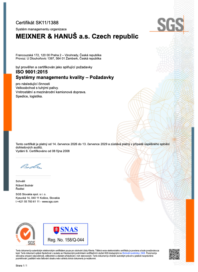 Certifikát ISO 9001:2015 pro Českou republiku